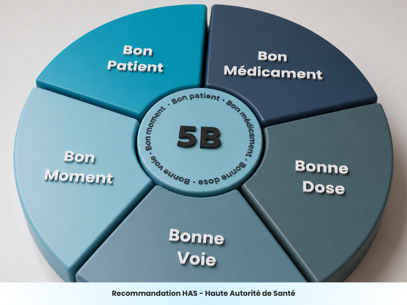 La règle des 5B pour la préparation des doses à administrer : bon médicament, bon patient, bonne dose, bon moment, bonne voie