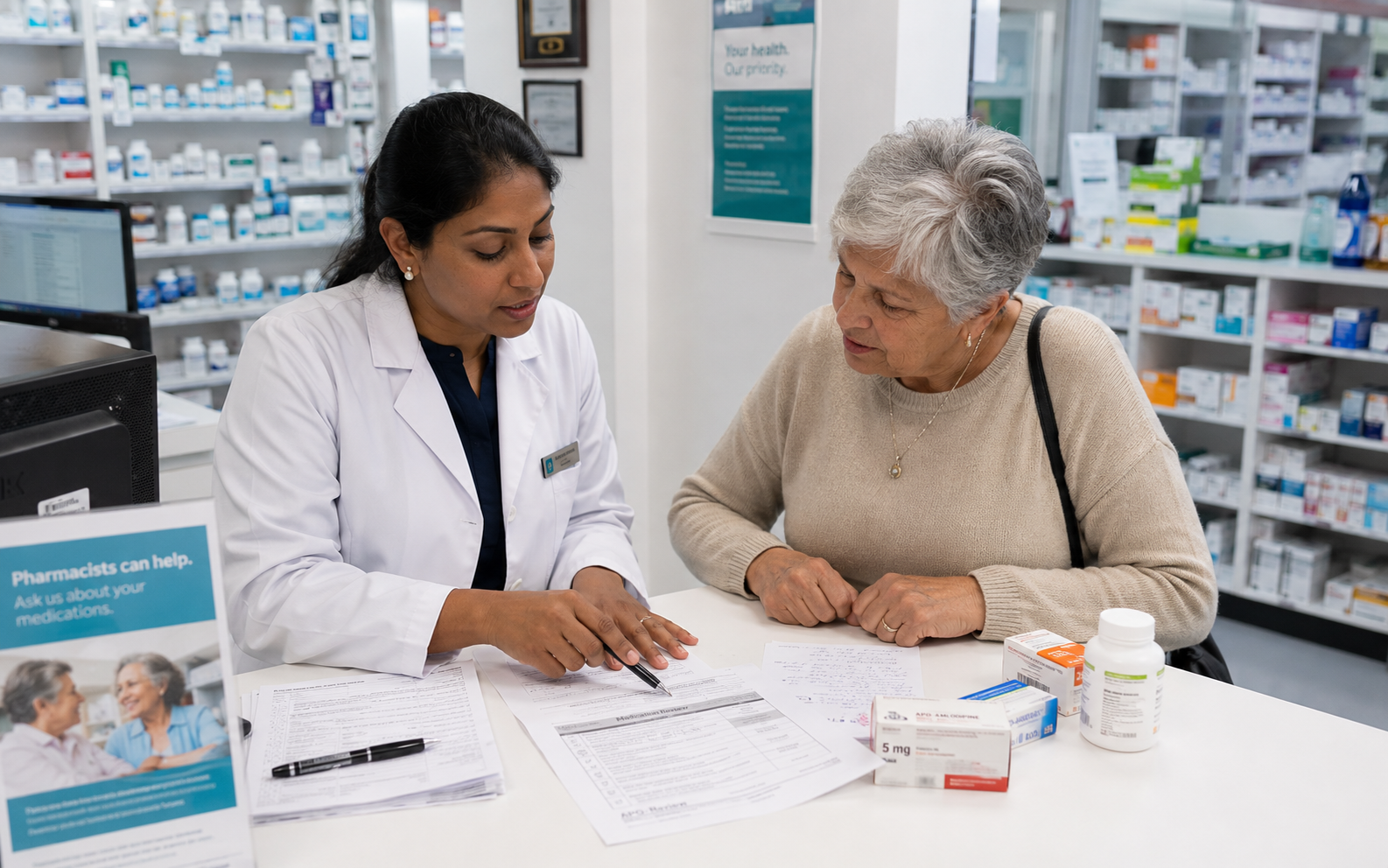 Pharmacien réalisant un bilan de médication partagé avec un patient chronique pour améliorer l'observance médicamenteuse