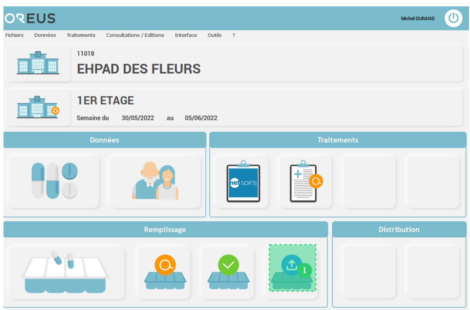 Interface du logiciel de traçabilité du circuit du médicament en EHPAD Oreus montrant le suivi de chaque étape de la préparation à l'administration